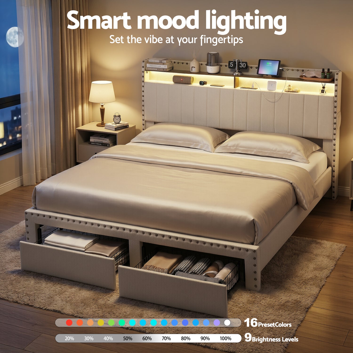 Artiss King Upholstered Bed Frame with Shelf Storage Drawers Charging Station Mood Lighting Linen-Furniture > Bedroom > Beds &amp; Bed Frames-PEROZ Accessories