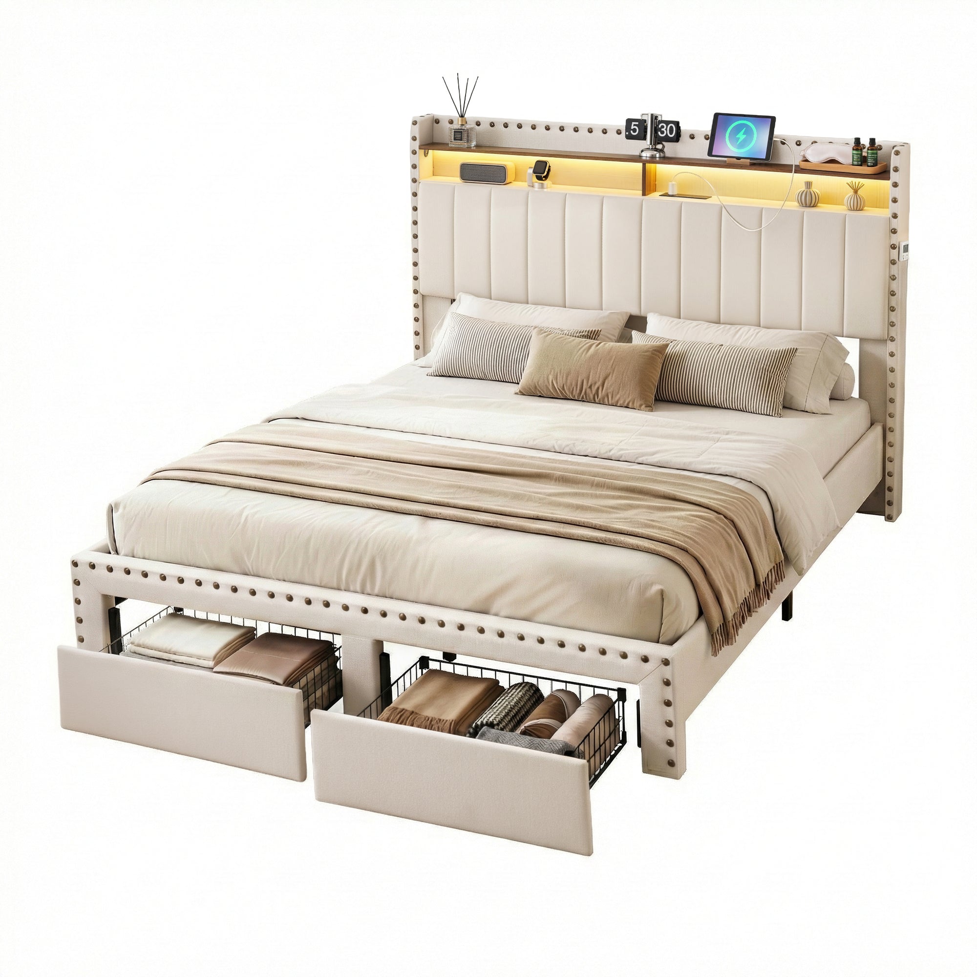 Artiss King Upholstered Bed Frame with Shelf Storage Drawers Charging Station Mood Lighting Linen-Furniture > Bedroom > Beds &amp; Bed Frames-PEROZ Accessories