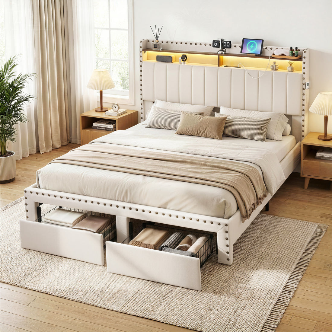 Artiss Queen Upholstered Bed Frame with Shelf Storage Drawers Charging Station Mood Lighting Linen-Furniture > Bedroom > Beds &amp; Bed Frames-PEROZ Accessories