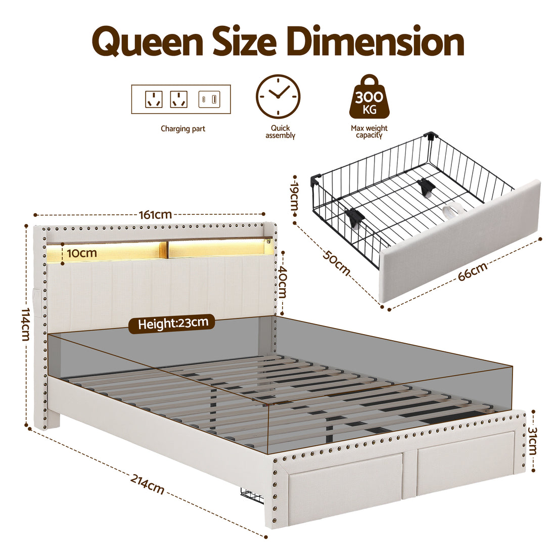 Artiss Queen Upholstered Bed Frame with Shelf Storage Drawers Charging Station Mood Lighting Linen-Furniture > Bedroom > Beds &amp; Bed Frames-PEROZ Accessories
