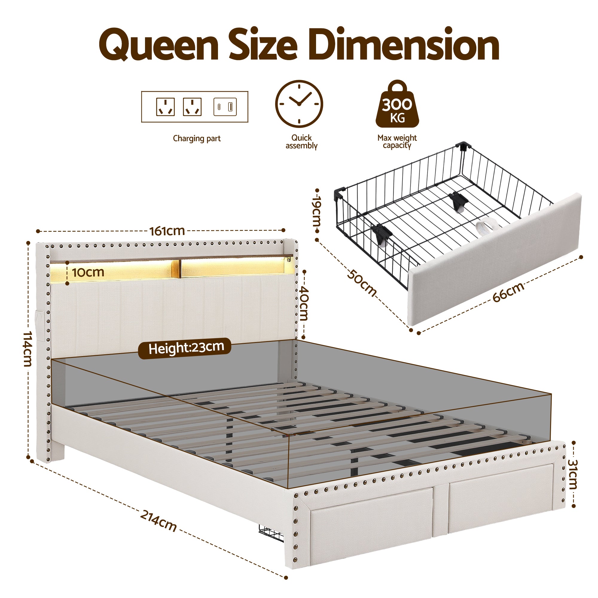 Artiss Queen Upholstered Bed Frame with Shelf Storage Drawers Charging Station Mood Lighting Linen-Furniture > Bedroom > Beds &amp; Bed Frames-PEROZ Accessories