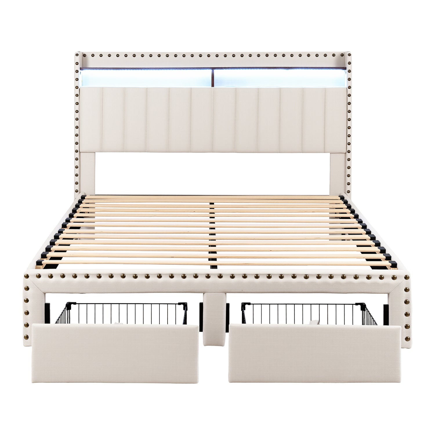 Artiss Queen Upholstered Bed Frame with Shelf Storage Drawers Charging Station Mood Lighting Linen-Furniture > Bedroom > Beds &amp; Bed Frames-PEROZ Accessories