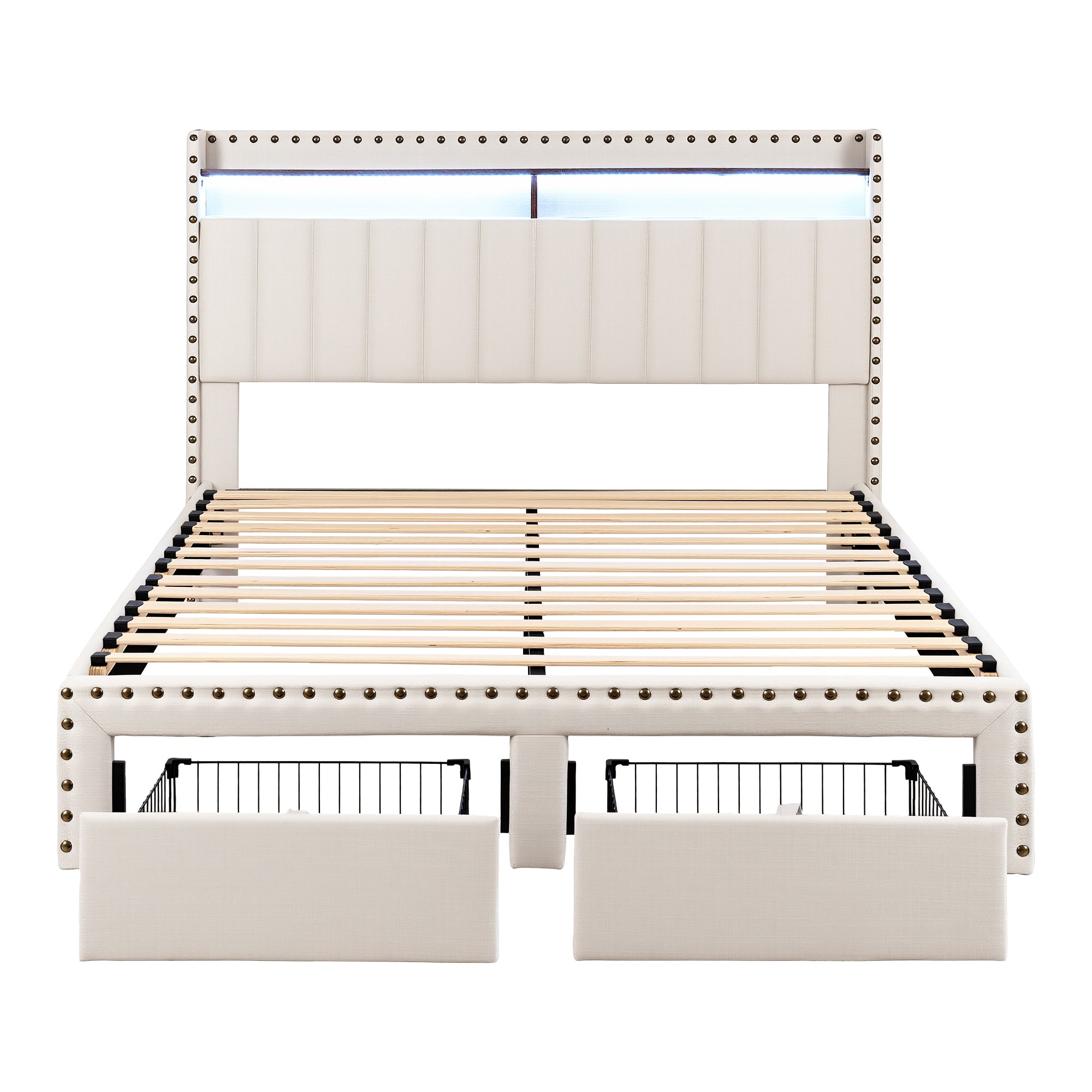 Artiss Queen Upholstered Bed Frame with Shelf Storage Drawers Charging Station Mood Lighting Linen-Furniture > Bedroom > Beds &amp; Bed Frames-PEROZ Accessories