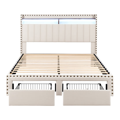 Artiss Queen Upholstered Bed Frame with Shelf Storage Drawers Charging Station Mood Lighting Linen-Furniture > Bedroom > Beds &amp; Bed Frames-PEROZ Accessories