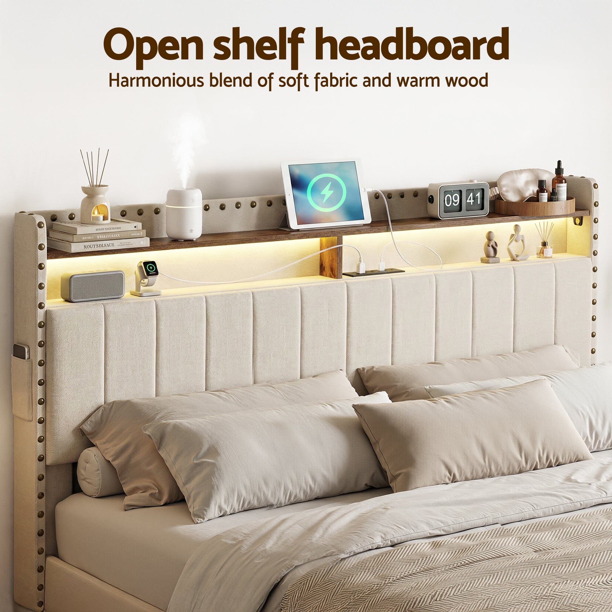 Artiss Queen Upholstered Bed Frame with Shelf Storage Drawers Charging Station Mood Lighting Linen-Furniture > Bedroom > Beds &amp; Bed Frames-PEROZ Accessories