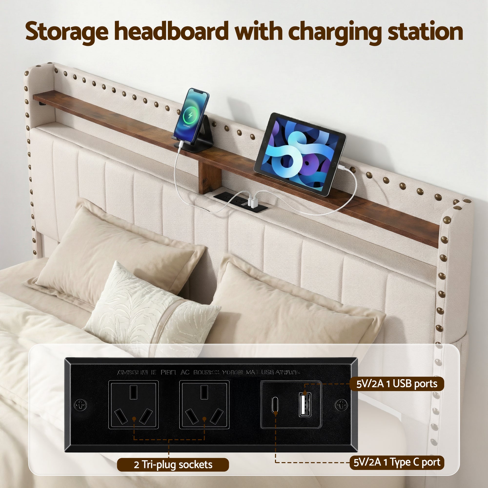 Artiss Queen Upholstered Bed Frame with Shelf Storage Drawers Charging Station Mood Lighting Linen-Furniture > Bedroom > Beds &amp; Bed Frames-PEROZ Accessories