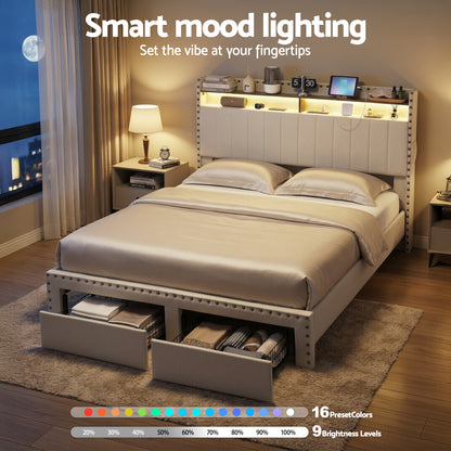 Artiss Queen Upholstered Bed Frame with Shelf Storage Drawers Charging Station Mood Lighting Linen-Furniture > Bedroom > Beds &amp; Bed Frames-PEROZ Accessories