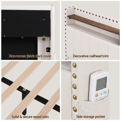 Artiss Queen Upholstered Bed Frame with Shelf Storage Drawers Charging Station Mood Lighting Linen-Furniture > Bedroom > Beds &amp; Bed Frames-PEROZ Accessories
