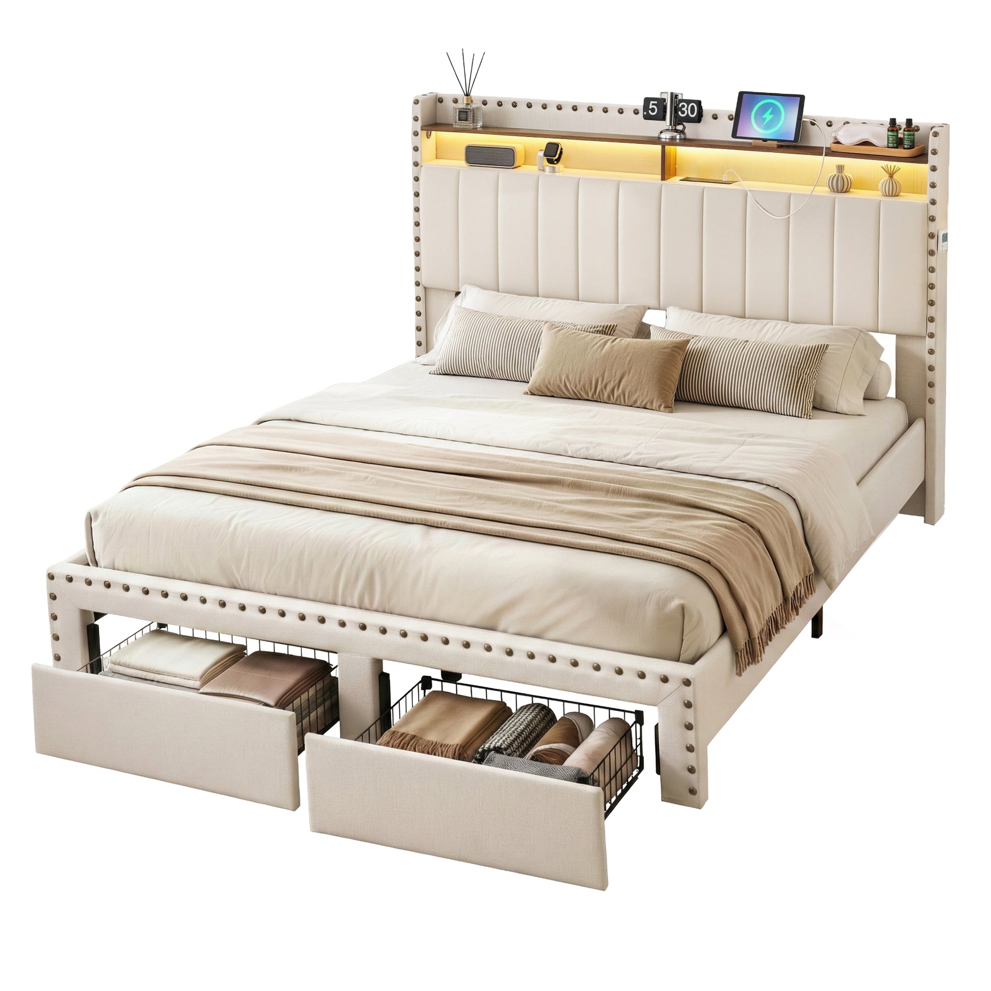 Artiss Queen Upholstered Bed Frame with Shelf Storage Drawers Charging Station Mood Lighting Linen-Furniture > Bedroom > Beds &amp; Bed Frames-PEROZ Accessories