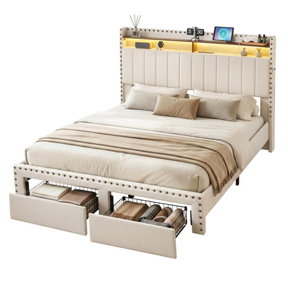 Artiss Queen Upholstered Bed Frame with Shelf Storage Drawers Charging Station Mood Lighting Linen-Furniture > Bedroom > Beds &amp; Bed Frames-PEROZ Accessories