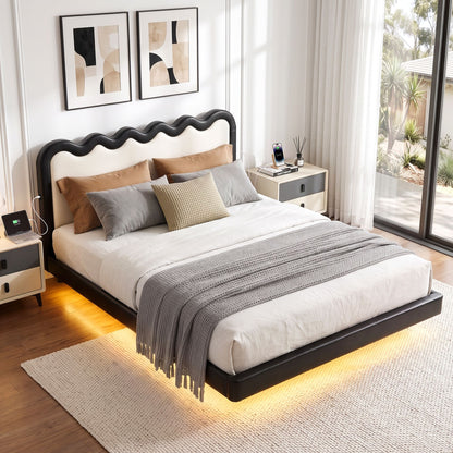 Artiss Double Bed Frame, Floating Design with RGB LED and USB Charging
