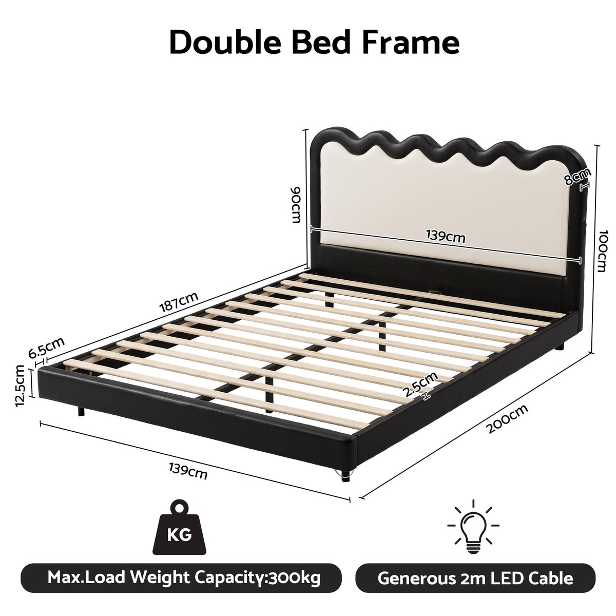 Artiss Double Bed Frame, Floating Design with RGB LED and USB Charging