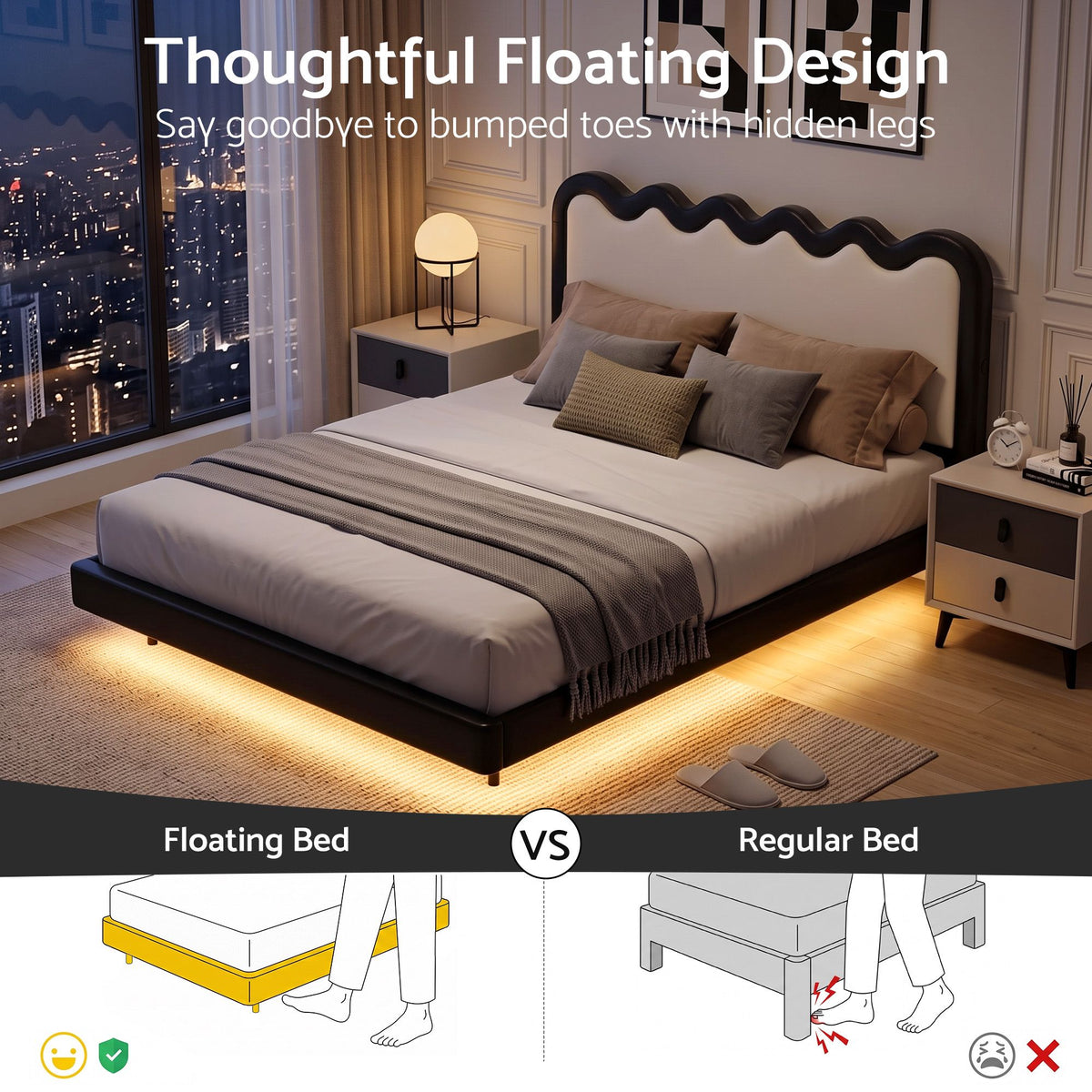 Artiss Double Bed Frame, Floating Design with RGB LED and USB Charging