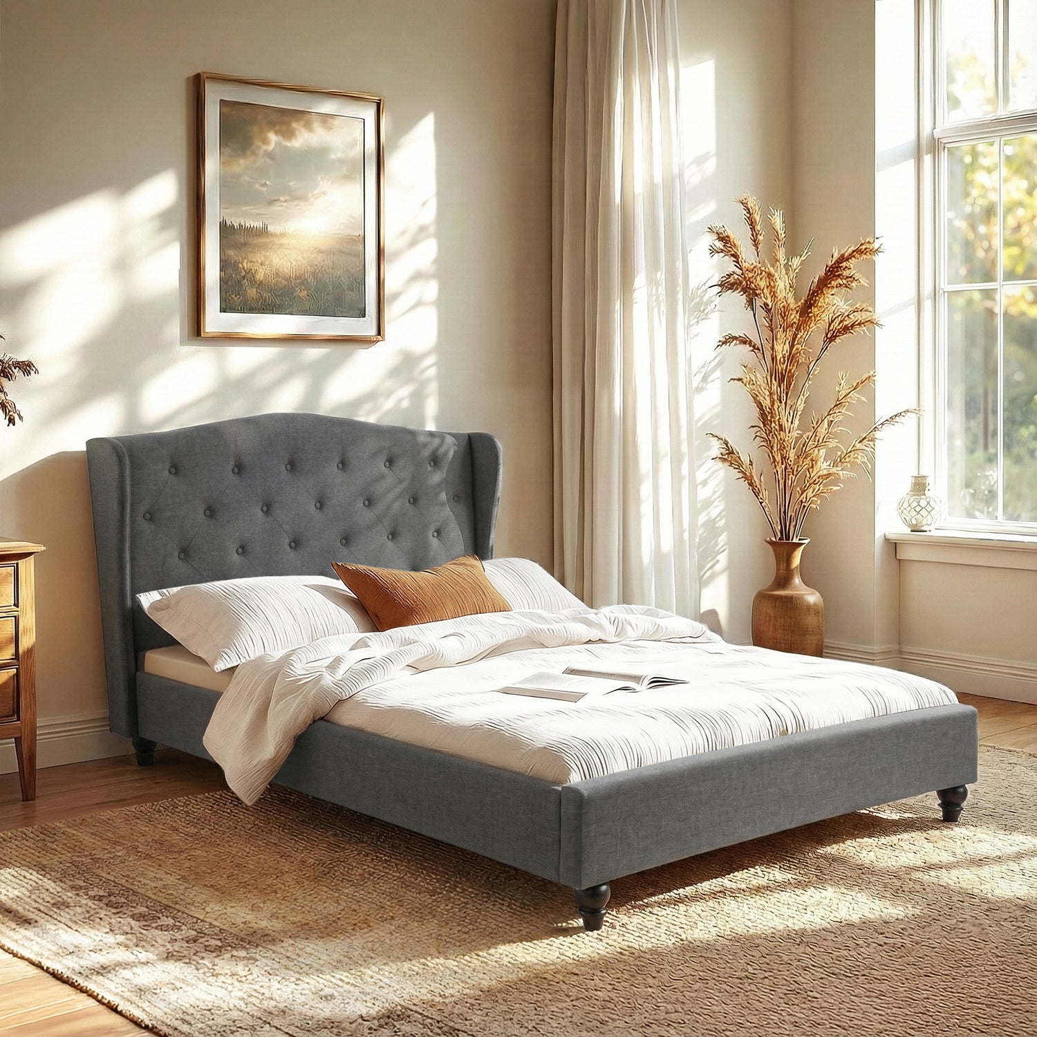 Artiss Double Bed Frame with Wingback Headboard Grey Linen Upholstered Platform Bed Base-Furniture > Bedroom > Beds &amp; Bed Frames-PEROZ Accessories