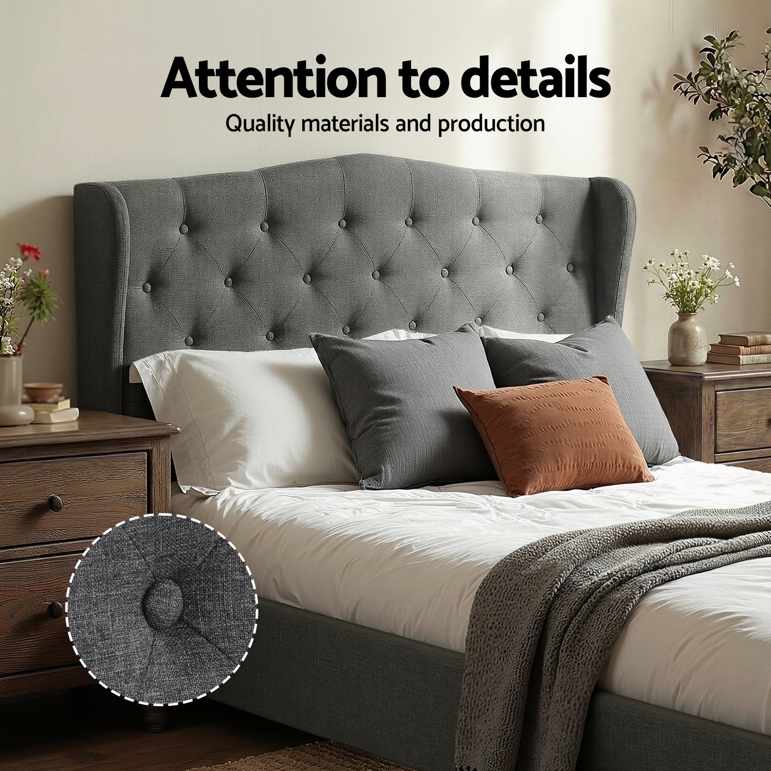 Artiss Double Bed Frame with Wingback Headboard Grey Linen Upholstered Platform Bed Base-Furniture > Bedroom > Beds &amp; Bed Frames-PEROZ Accessories