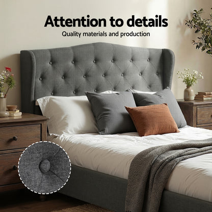 Artiss Double Bed Frame with Wingback Headboard Grey Linen Upholstered Platform Bed Base-Furniture > Bedroom > Beds &amp; Bed Frames-PEROZ Accessories