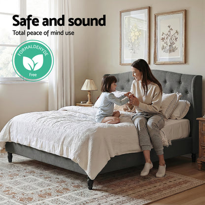Artiss Double Bed Frame with Wingback Headboard Grey Linen Upholstered Platform Bed Base-Furniture > Bedroom > Beds &amp; Bed Frames-PEROZ Accessories