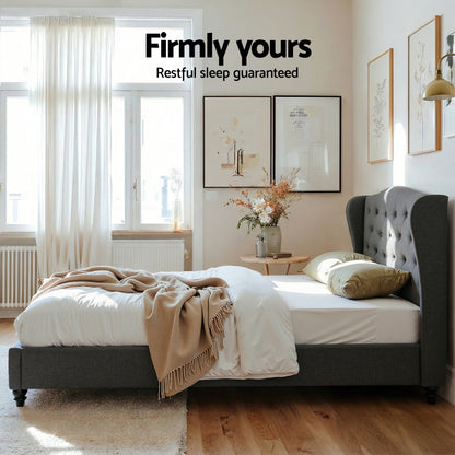 Artiss Double Bed Frame with Wingback Headboard Grey Linen Upholstered Platform Bed Base-Furniture > Bedroom > Beds &amp; Bed Frames-PEROZ Accessories