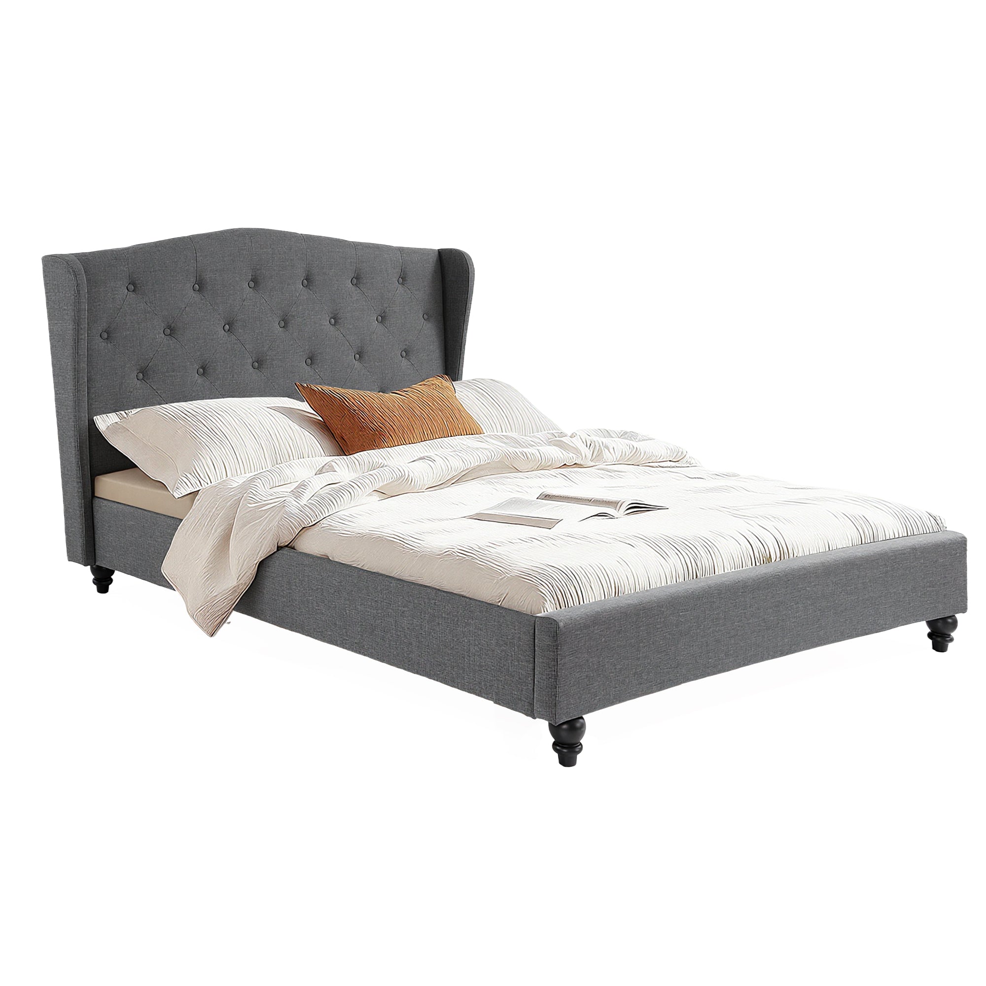 Artiss Double Bed Frame with Wingback Headboard Grey Linen Upholstered Platform Bed Base-Furniture > Bedroom > Beds &amp; Bed Frames-PEROZ Accessories