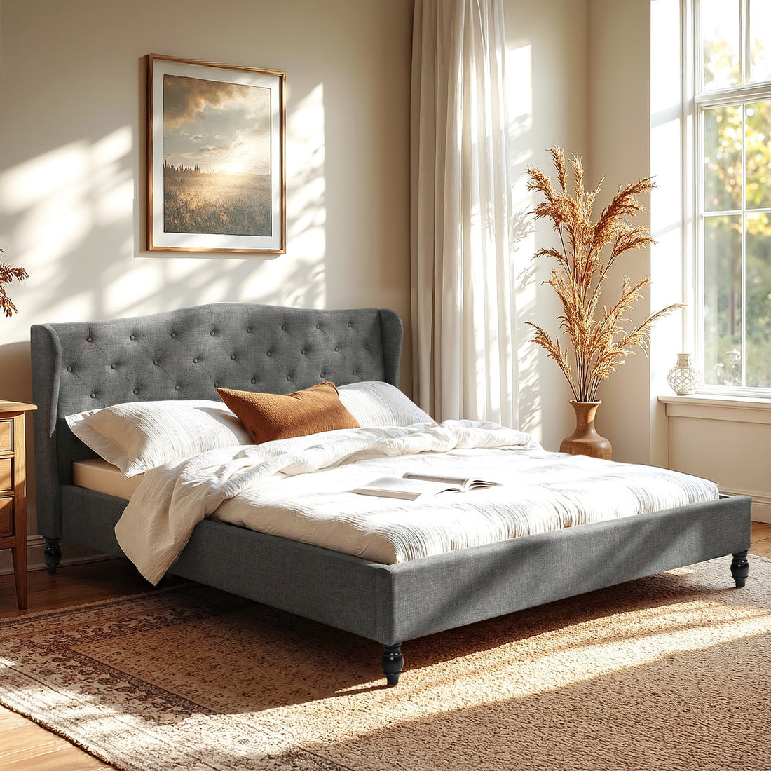 Artiss King Bed Frame with Wingback Headboard Grey Linen Upholstered Platform Bed Base-Furniture > Bedroom > Beds &amp; Bed Frames-PEROZ Accessories