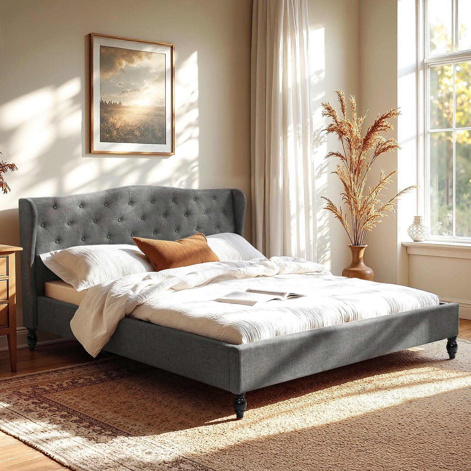 Artiss King Bed Frame with Wingback Headboard Grey Linen Upholstered Platform Bed Base-Furniture > Bedroom > Beds &amp; Bed Frames-PEROZ Accessories