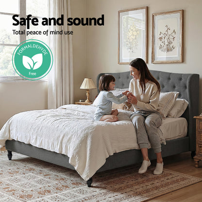 Artiss King Bed Frame with Wingback Headboard Grey Linen Upholstered Platform Bed Base-Furniture > Bedroom > Beds &amp; Bed Frames-PEROZ Accessories