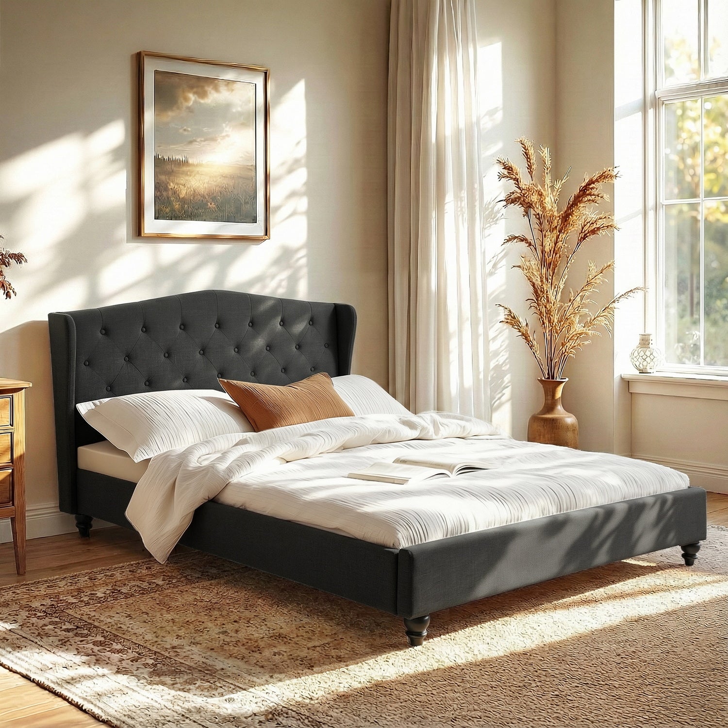 Artiss Queen Bed Frame Wingback Headboard Charcoal Grey Linen Upholstered Platform Bed Base-Furniture > Bedroom > Beds &amp; Bed Frames-PEROZ Accessories