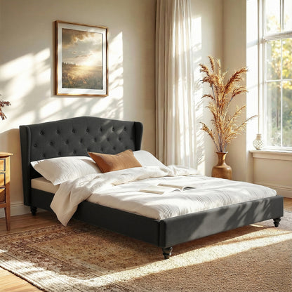 Artiss Queen Bed Frame Wingback Headboard Charcoal Grey Linen Upholstered Platform Bed Base-Furniture > Bedroom > Beds &amp; Bed Frames-PEROZ Accessories