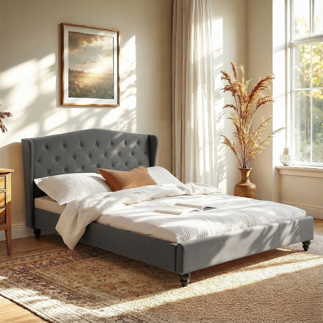 Artiss Queen Bed Frame with Wingback Headboard Grey Linen Upholstered Platform Bed Base-Furniture > Bedroom > Beds &amp; Bed Frames-PEROZ Accessories