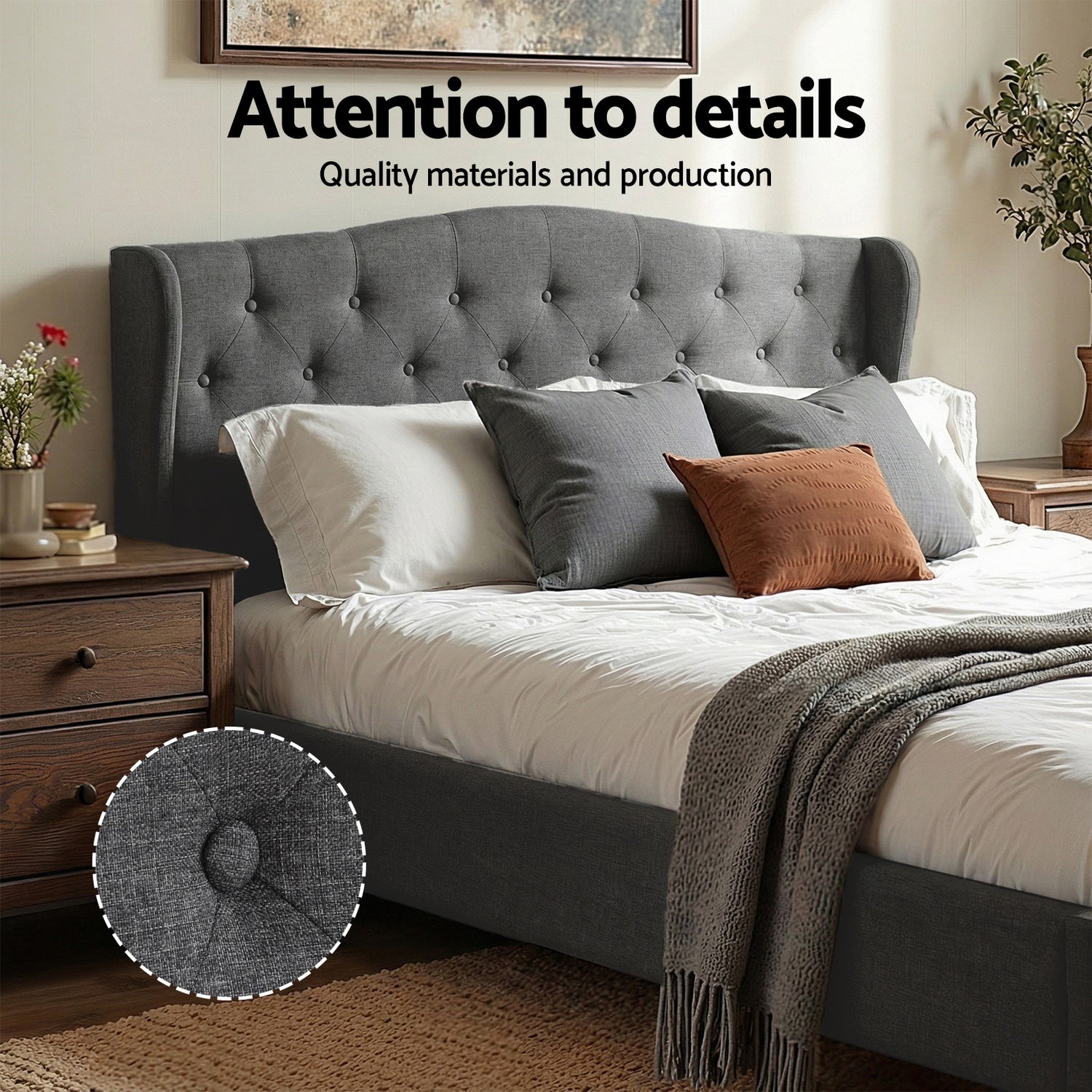 Artiss Queen Bed Frame with Wingback Headboard Grey Linen Upholstered Platform Bed Base-Furniture > Bedroom > Beds &amp; Bed Frames-PEROZ Accessories