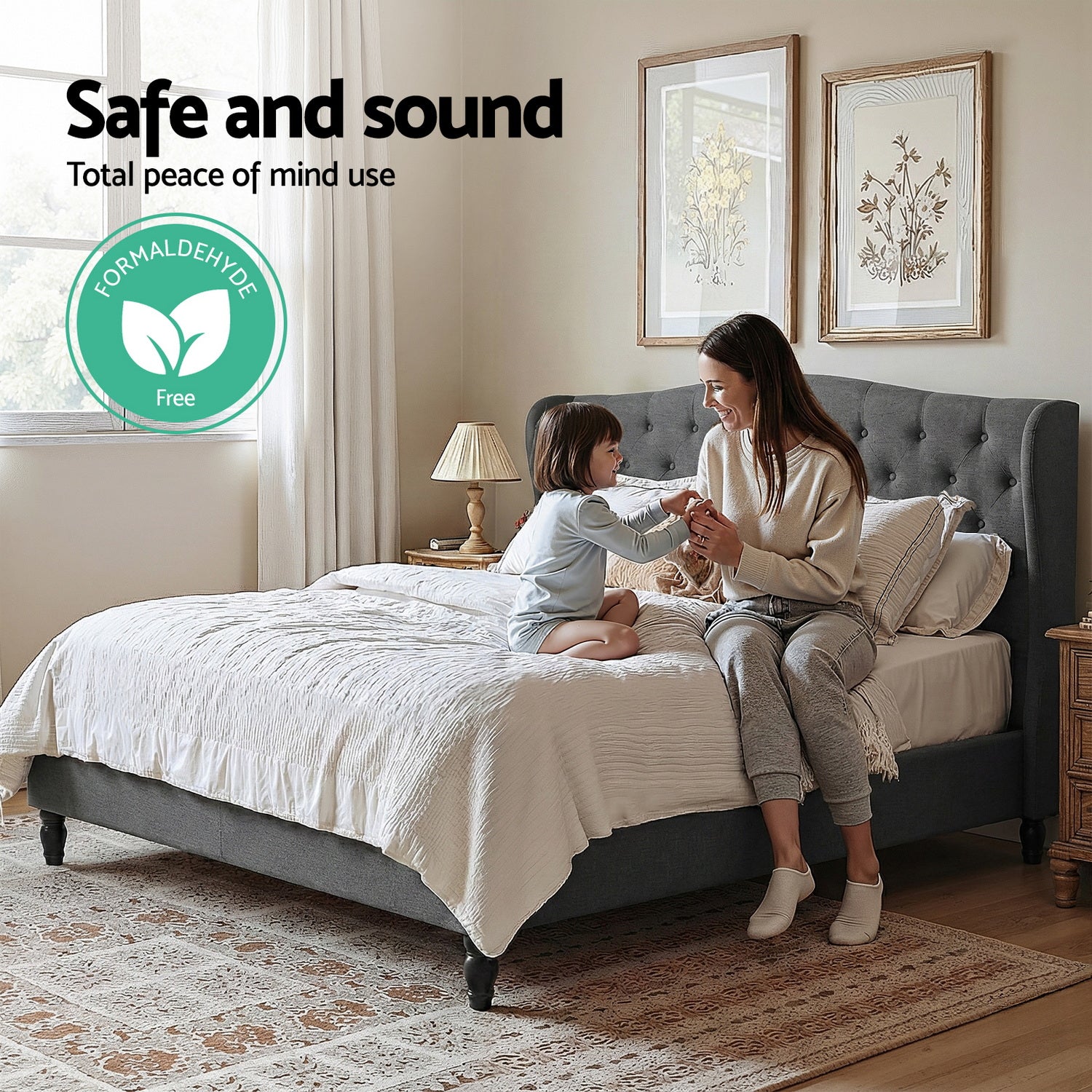 Artiss Queen Bed Frame with Wingback Headboard Grey Linen Upholstered Platform Bed Base-Furniture > Bedroom > Beds &amp; Bed Frames-PEROZ Accessories