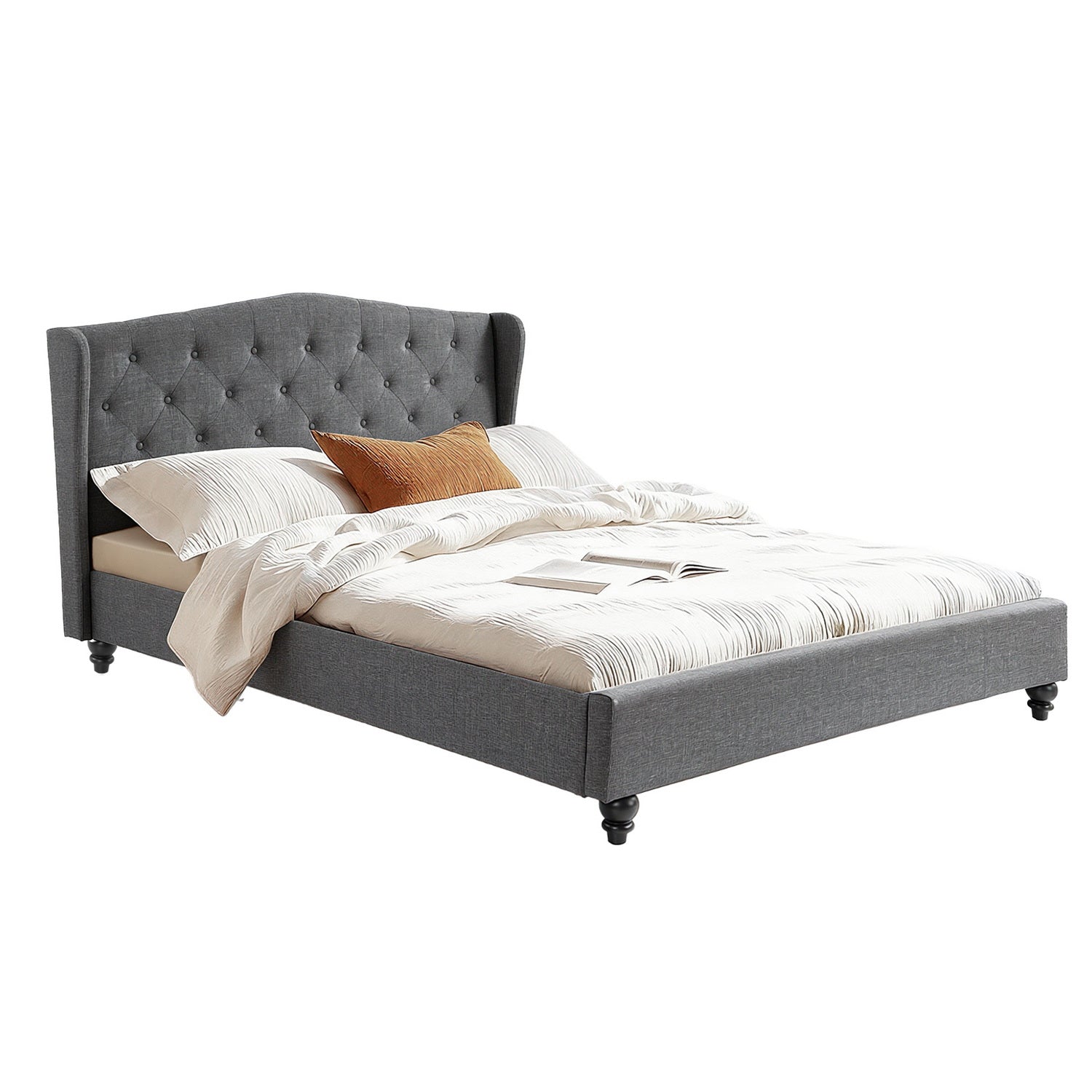 Artiss Queen Bed Frame with Wingback Headboard Grey Linen Upholstered Platform Bed Base-Furniture > Bedroom > Beds &amp; Bed Frames-PEROZ Accessories