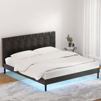Artiss Bed Frame King Bed Base w RGB LED Lights Charge Ports Black Leather RAVI-Furniture &gt; Bedroom-PEROZ Accessories