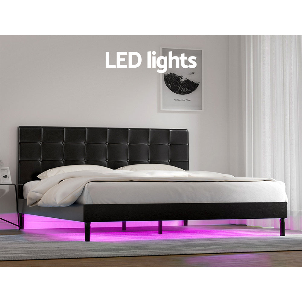 Artiss Bed Frame King Bed Base w RGB LED Lights Charge Ports Black Leather RAVI-Furniture &gt; Bedroom-PEROZ Accessories