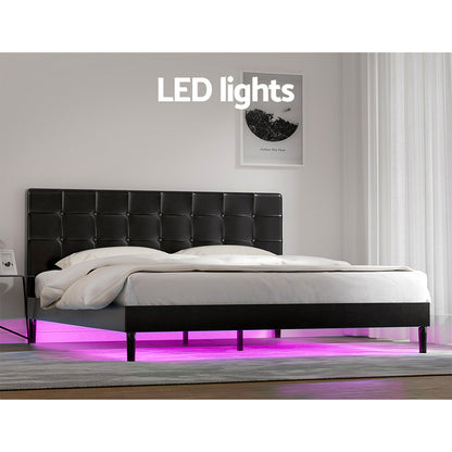 Artiss Bed Frame King Bed Base w RGB LED Lights Charge Ports Black Leather RAVI-Furniture &gt; Bedroom-PEROZ Accessories