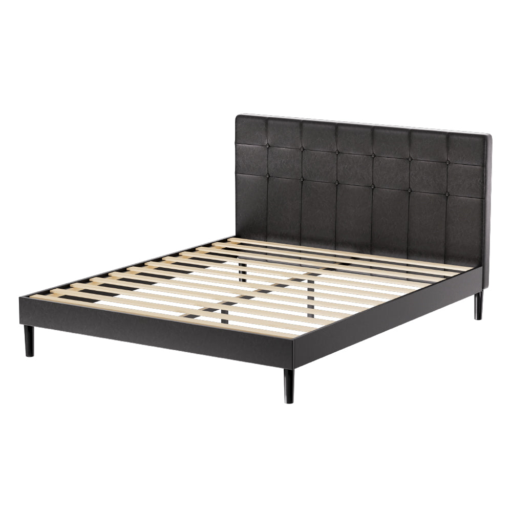 Artiss Bed Frame Queen Bed Base w LED Lights Charge Ports Black Leather RAVI-Furniture &gt; Bedroom-PEROZ Accessories