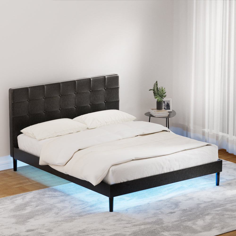 Artiss Bed Frame Queen Bed Base w LED Lights Charge Ports Black Leather RAVI-Furniture &gt; Bedroom-PEROZ Accessories