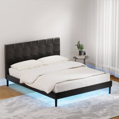 Artiss Bed Frame Queen Bed Base w LED Lights Charge Ports Black Leather RAVI-Furniture &gt; Bedroom-PEROZ Accessories