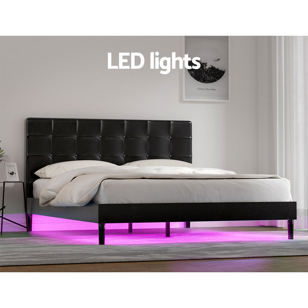 Artiss Bed Frame Queen Bed Base w LED Lights Charge Ports Black Leather RAVI-Furniture &gt; Bedroom-PEROZ Accessories