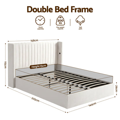 Artiss Double Bed Frame with Gaslift Storage USB Type-C Charging Ports Velvet Upholstery White-Furniture > Bedroom > Beds &amp; Bed Frames-PEROZ Accessories