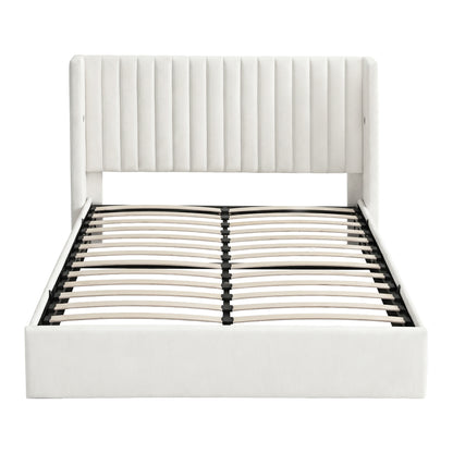 Artiss Double Bed Frame with Gaslift Storage USB Type-C Charging Ports Velvet Upholstery White-Furniture > Bedroom > Beds &amp; Bed Frames-PEROZ Accessories