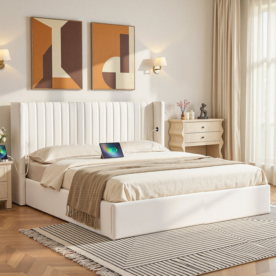 Artiss King Bed Frame with Gaslift Storage USB Type-C Charging Ports Velvet Upholstery White-Furniture > Bedroom > Beds &amp; Bed Frames-PEROZ Accessories
