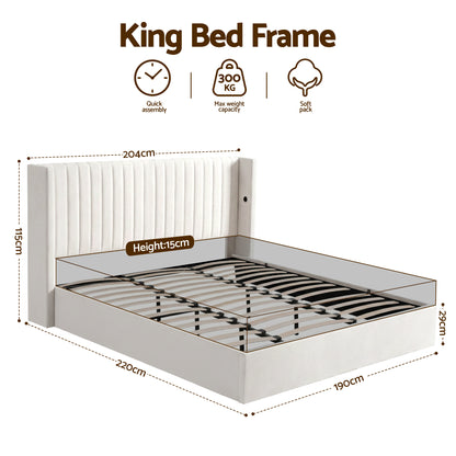 Artiss King Bed Frame with Gaslift Storage USB Type-C Charging Ports Velvet Upholstery White-Furniture > Bedroom > Beds &amp; Bed Frames-PEROZ Accessories