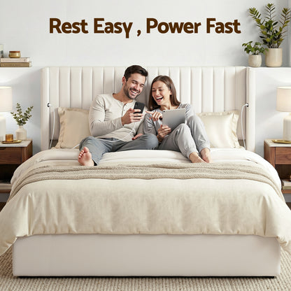 Artiss King Bed Frame with Gaslift Storage USB Type-C Charging Ports Velvet Upholstery White-Furniture > Bedroom > Beds &amp; Bed Frames-PEROZ Accessories