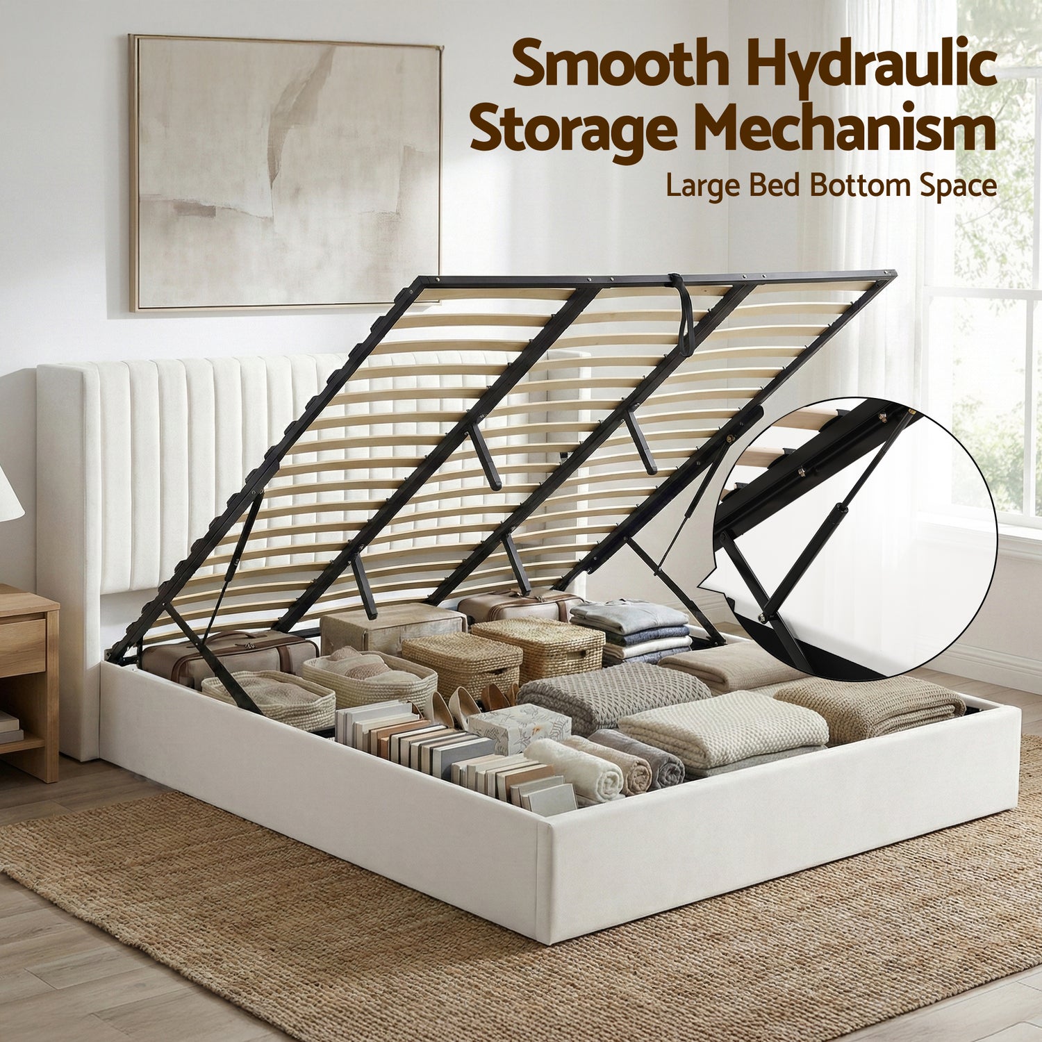 Artiss King Bed Frame with Gaslift Storage USB Type-C Charging Ports Velvet Upholstery White-Furniture > Bedroom > Beds &amp; Bed Frames-PEROZ Accessories