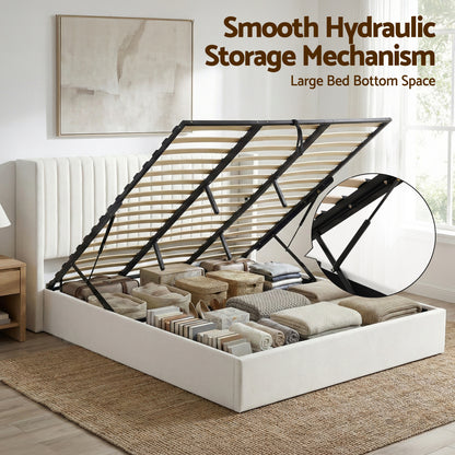 Artiss King Bed Frame with Gaslift Storage USB Type-C Charging Ports Velvet Upholstery White-Furniture > Bedroom > Beds &amp; Bed Frames-PEROZ Accessories