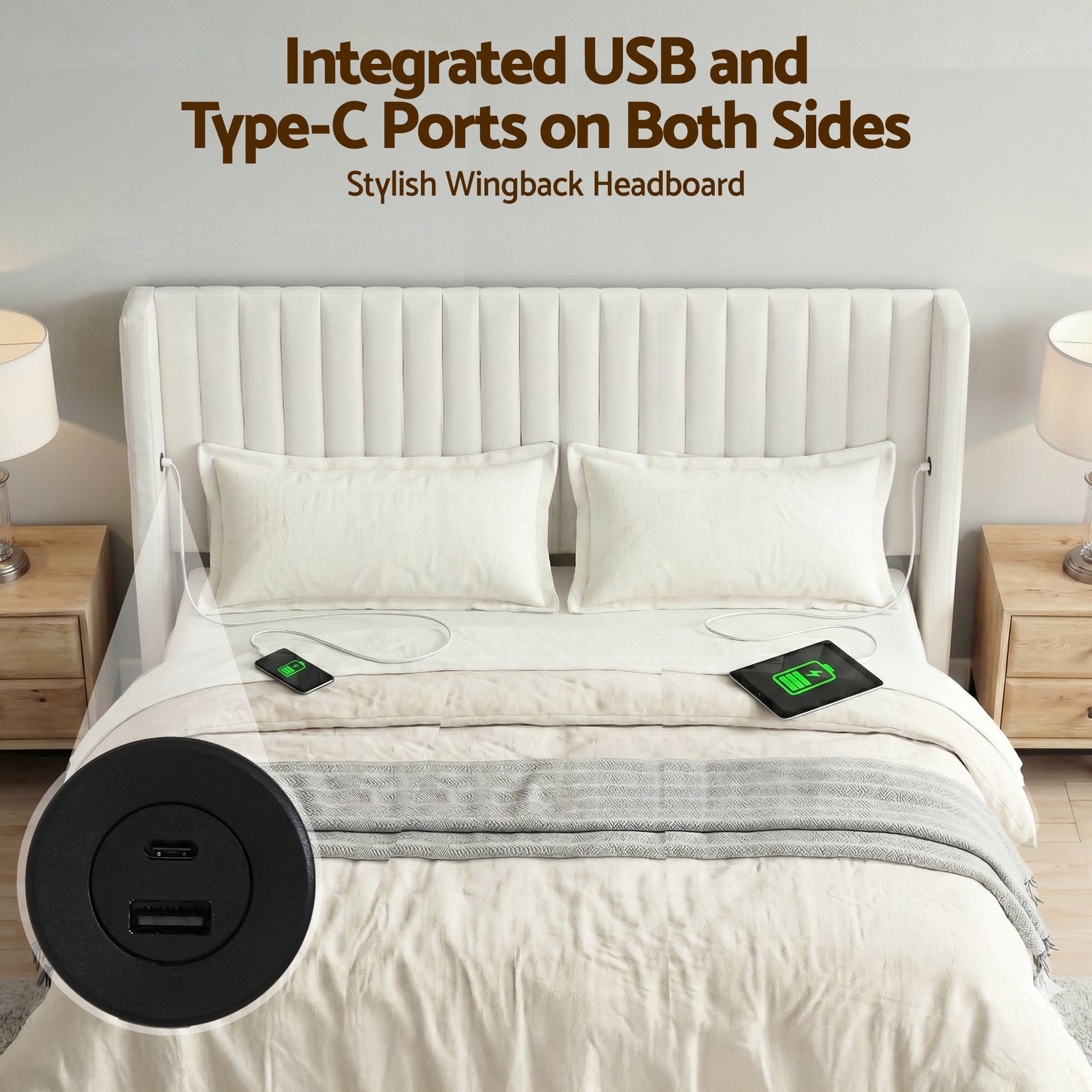 Artiss King Bed Frame with Gaslift Storage USB Type-C Charging Ports Velvet Upholstery White-Furniture > Bedroom > Beds &amp; Bed Frames-PEROZ Accessories