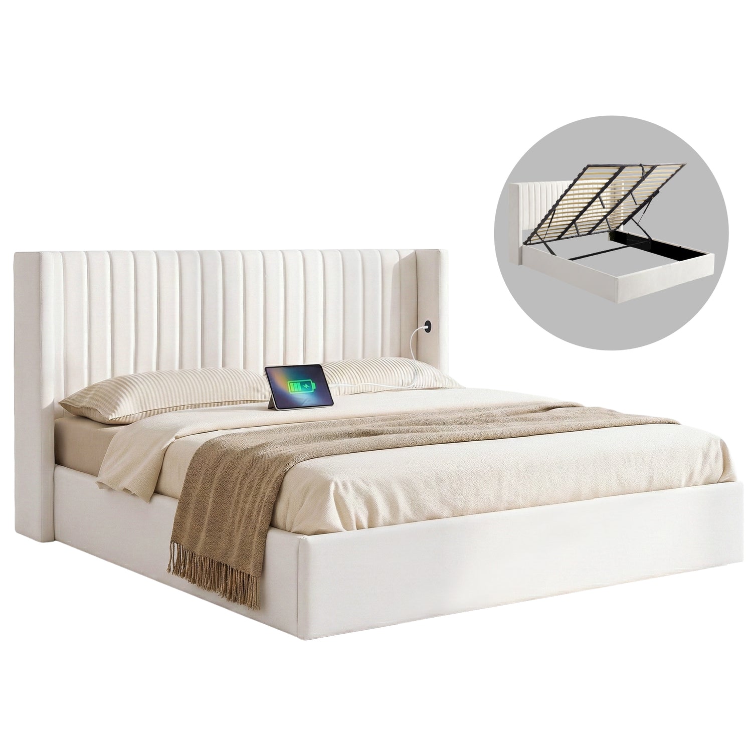 Artiss King Bed Frame with Gaslift Storage USB Type-C Charging Ports Velvet Upholstery White-Furniture > Bedroom > Beds &amp; Bed Frames-PEROZ Accessories