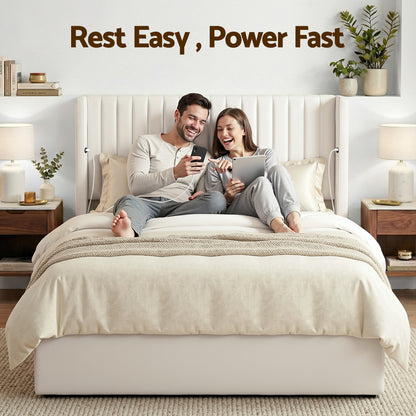 Artiss Queen Bed Frame with Gaslift Storage USB Type-C Charging Ports Velvet Upholstery White-Furniture > Bedroom > Beds &amp; Bed Frames-PEROZ Accessories