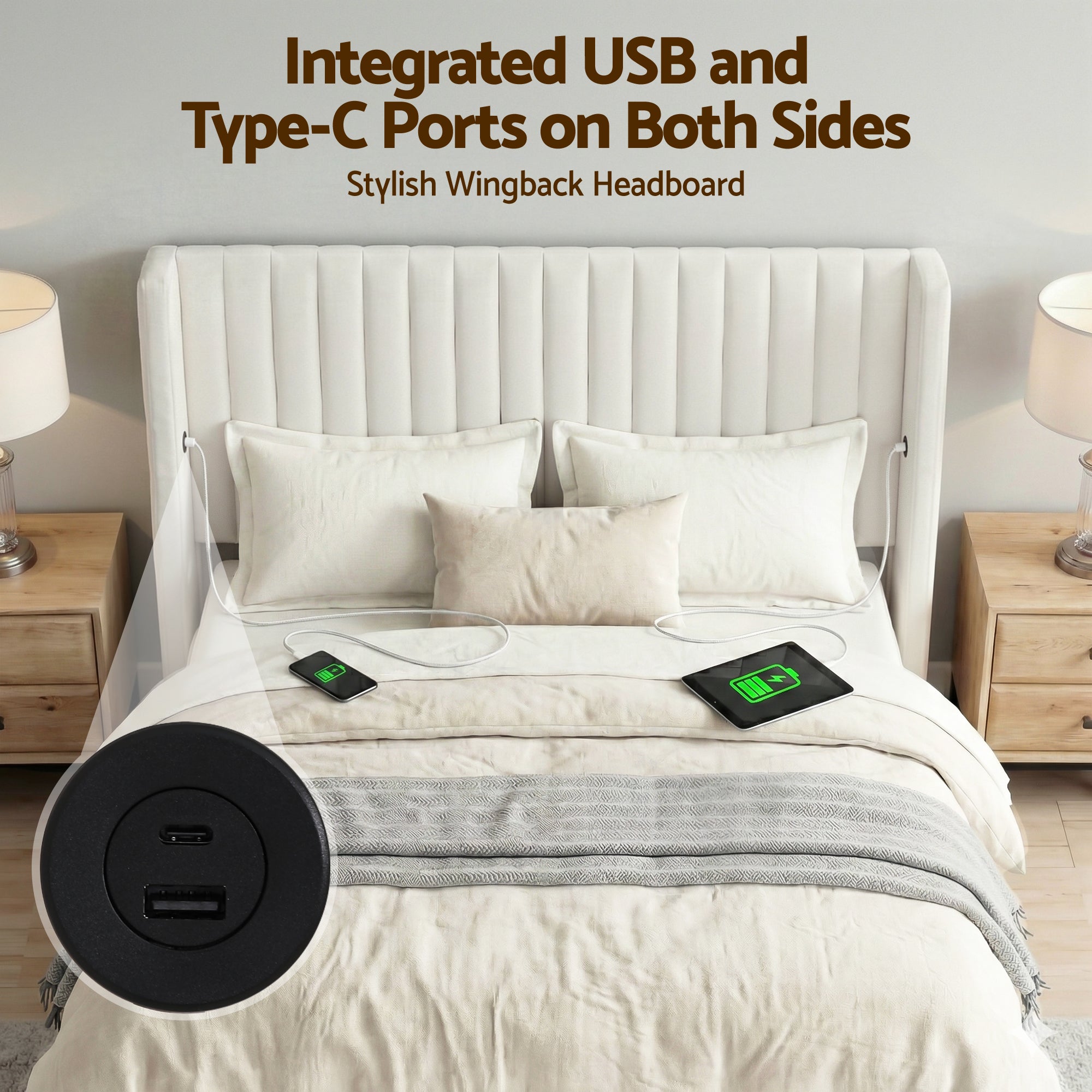 Artiss Queen Bed Frame with Gaslift Storage USB Type-C Charging Ports Velvet Upholstery White-Furniture > Bedroom > Beds &amp; Bed Frames-PEROZ Accessories